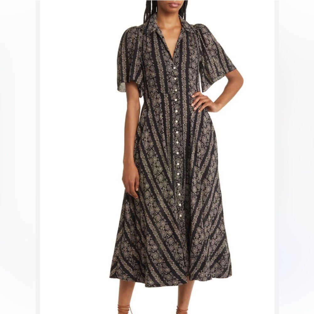 THE GREAT The Bridge Floral Cotton Shirtdress In Black/cream Size 0